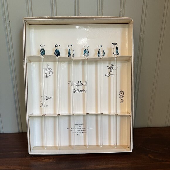 Vintage Miramar Glass Highball Blown Glass Pengiun Stirrer 7.5" Set of 6 - Picture 1 of 16